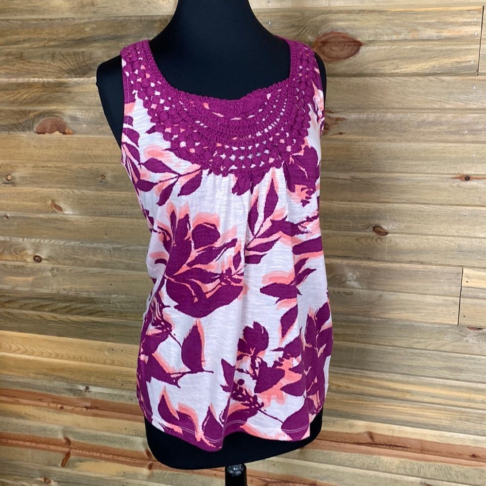 Sonoma Pink Floral Tank Crocheted Top Size Medium 0426